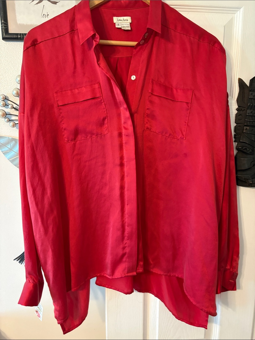 Neiman Marcus Red Satin Button-Down Blouse